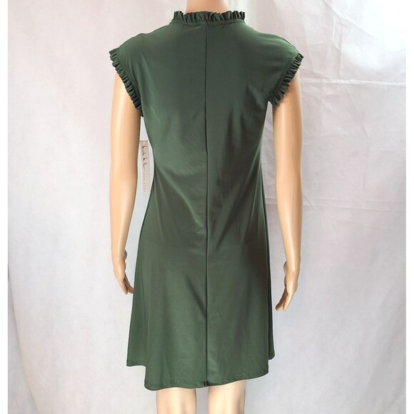 New NICOLE MILLER (S) Olive Green Jersey Sleeveless with Ruffle Trim Mini Dress - Picture 5 of 11